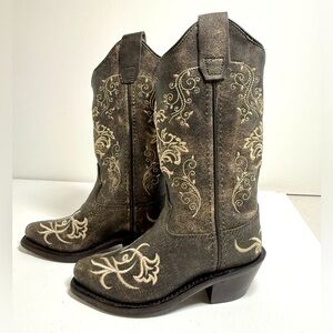 Old West Youth Kid’s Embroidered Snip Toe Brown Leather Cowboy Boots Size 10 D